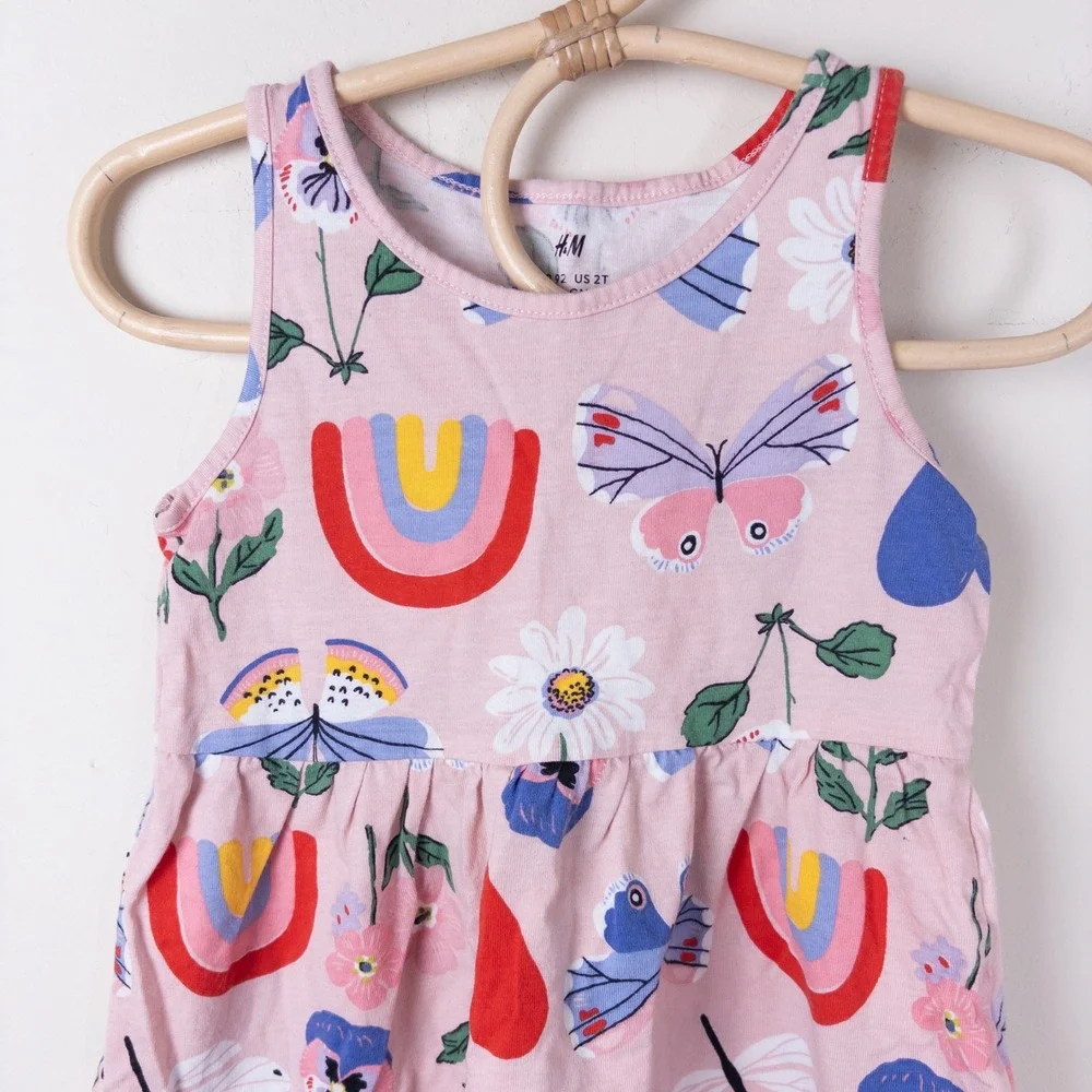 H&M Jersey Dress Kids 2T Pink Rainbow Butterfly Heart Daisy Sleeveless
